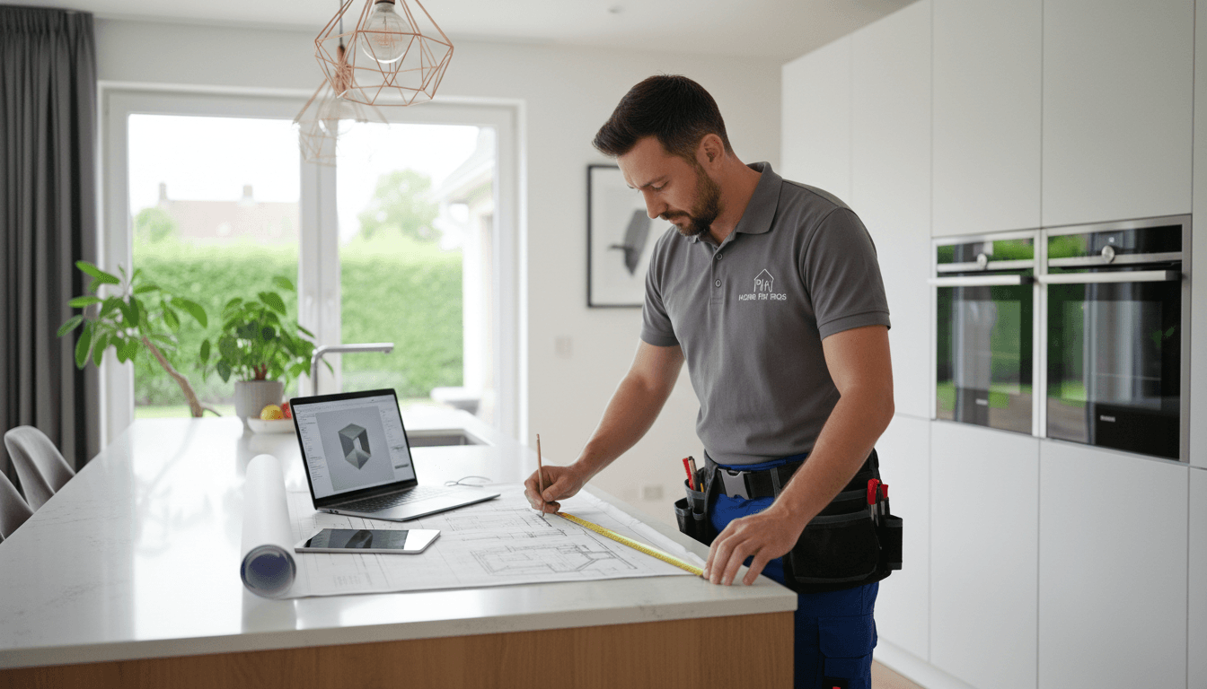 Professional handyman measuring kitchen countertop during home renovation consultation