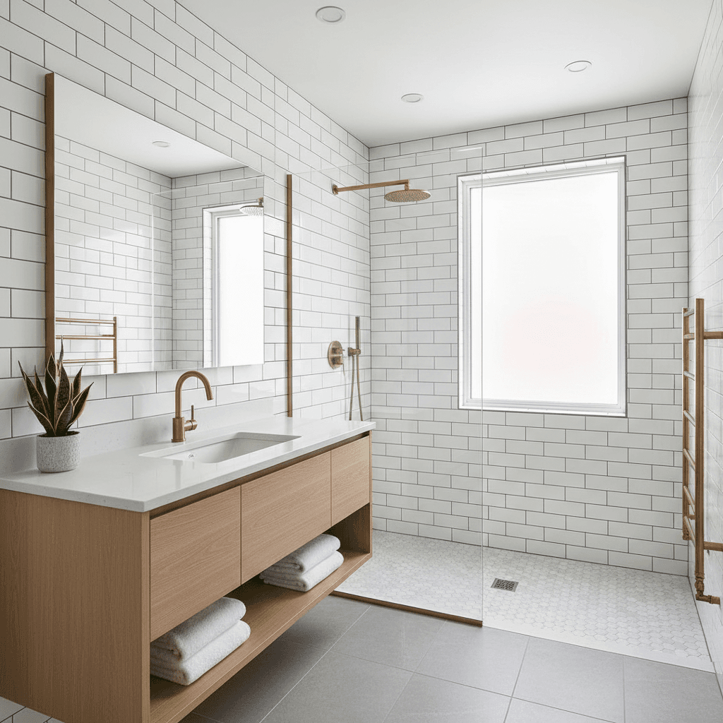 Modern bathroom remodel with white tiles and updated fixtures