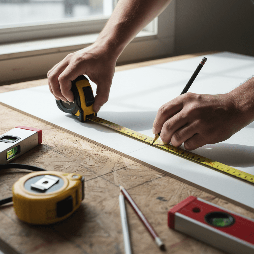 G&G Handyman professional measuring wall for bathroom remodeling project in South Bend home