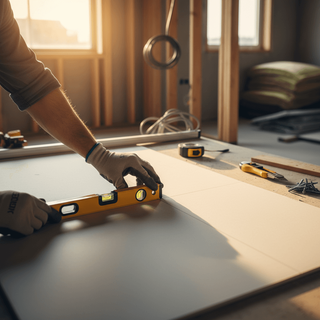 Handyman measuring and marking drywall for installation