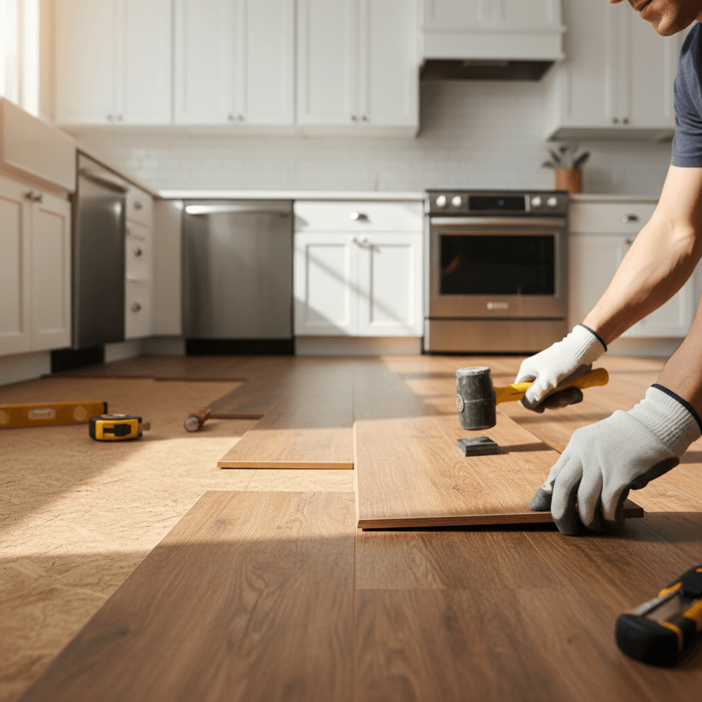 Skilled installer hands laying luxury vinyl plank flooring in modern kitchen with precision tools and natural light