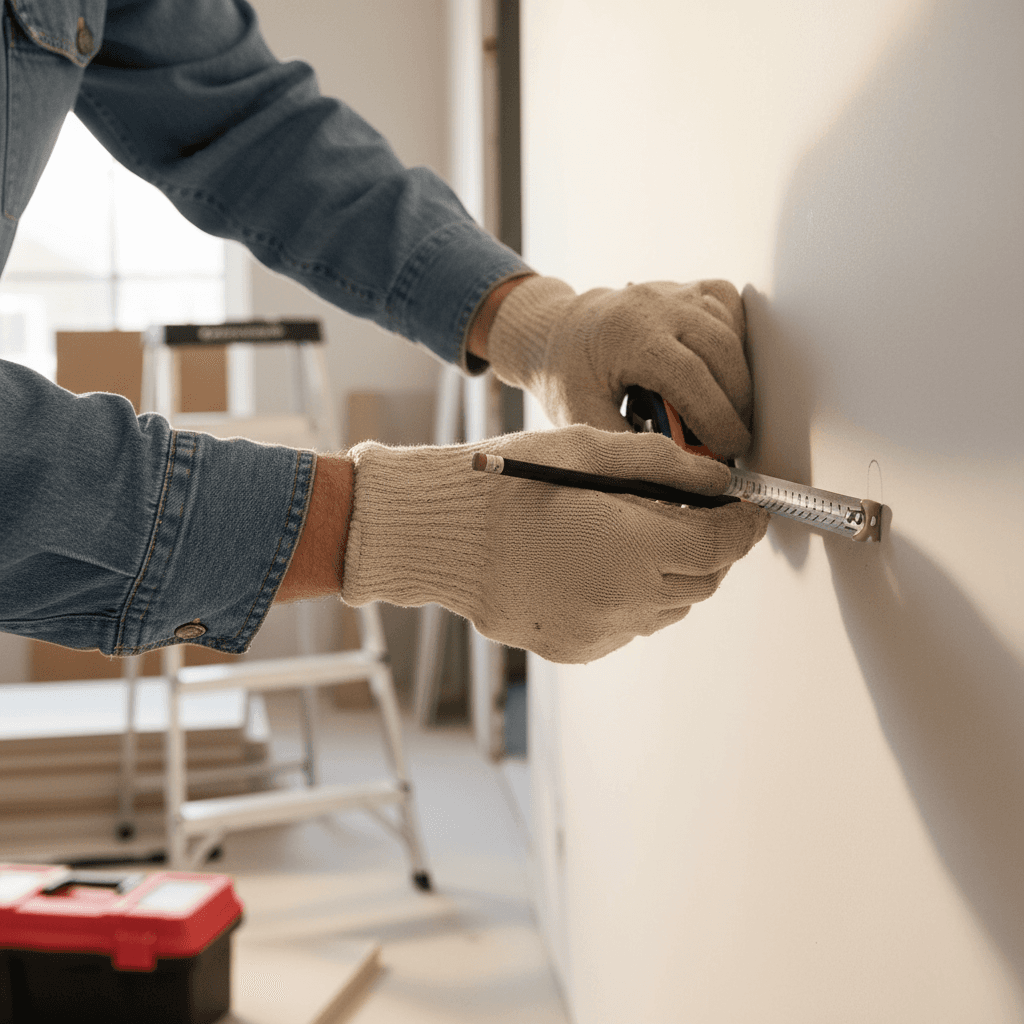 Handyman measuring drywall in home renovation project
