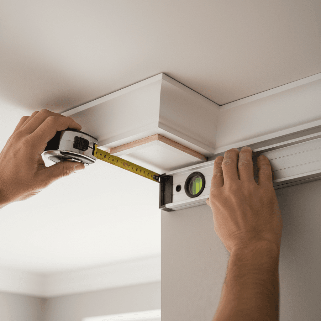 Installer's hands measuring and fitting crown molding along ceiling with precision tools and level